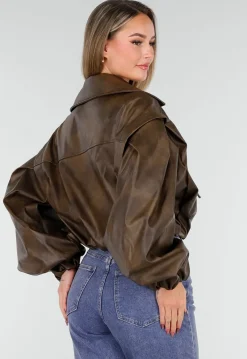 Bruin Oversized Faux Leather Jasje met Pofmouwen