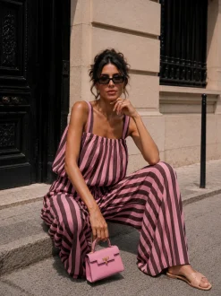 Bruin Roze Gestreepte Two Piece Set met Mouwloze Top en Wide Leg Broek