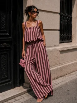 Bruin Roze Gestreepte Two Piece Set met Mouwloze Top en Wide Leg Broek
