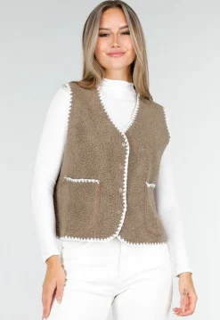 Bruin Teddy Gilet met Witte Randen en Knoopsluiting