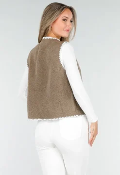 Bruin Teddy Gilet met Witte Randen en Knoopsluiting