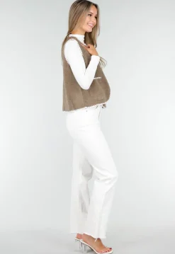 Bruin Teddy Gilet met Witte Randen en Knoopsluiting