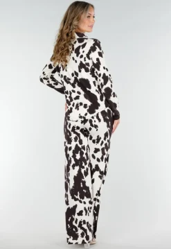 Bruin-Witte Blouse met Koeienprint en Goudkleurige Knopen