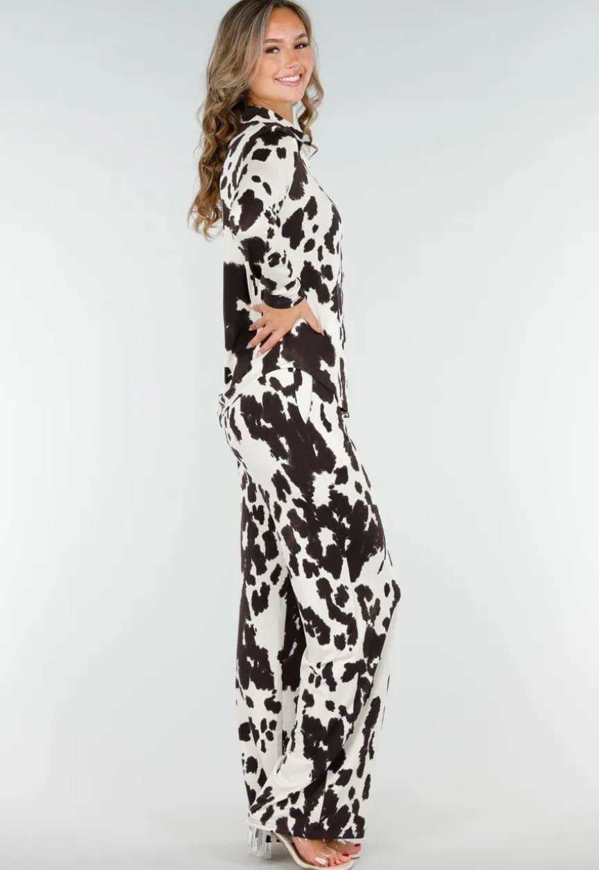 Bruin-Witte Blouse met Koeienprint en Goudkleurige Knopen