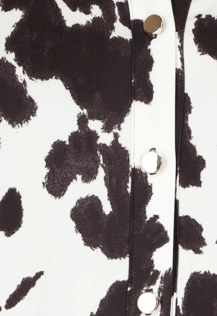 Bruin-Witte Blouse met Koeienprint en Goudkleurige Knopen