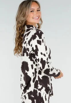 Bruin-Witte Blouse met Koeienprint en Goudkleurige Knopen