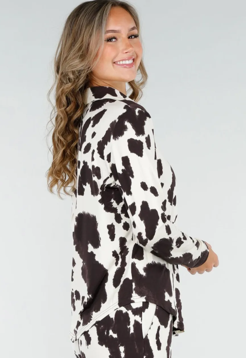 Bruin-Witte Blouse met Koeienprint en Goudkleurige Knopen