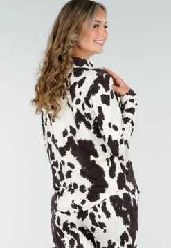 Bruin-Witte Blouse met Koeienprint en Goudkleurige Knopen