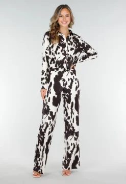 Bruin-Witte Blouse met Koeienprint en Goudkleurige Knopen