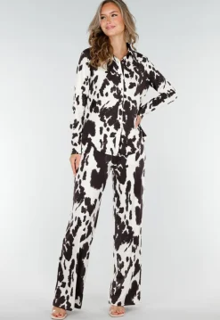 Bruin-Witte Blouse met Koeienprint en Goudkleurige Knopen