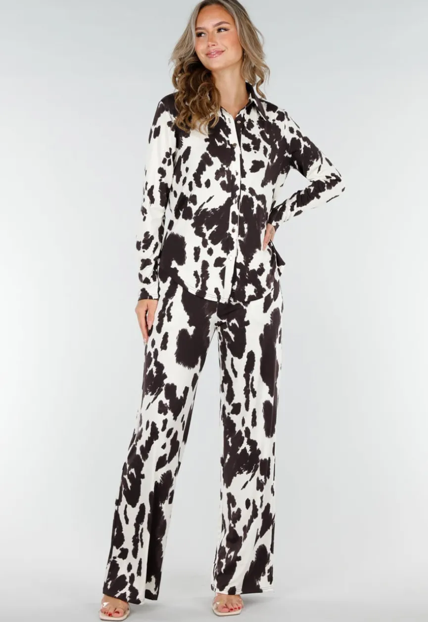 Bruin-Witte Blouse met Koeienprint en Goudkleurige Knopen