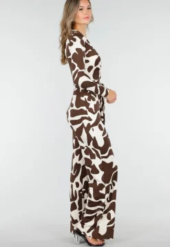 Bruin-Witte Stretch Jumpsuit met Overslag en Ceintuur