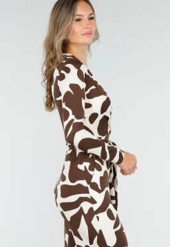 Bruin-Witte Stretch Jumpsuit met Overslag en Ceintuur