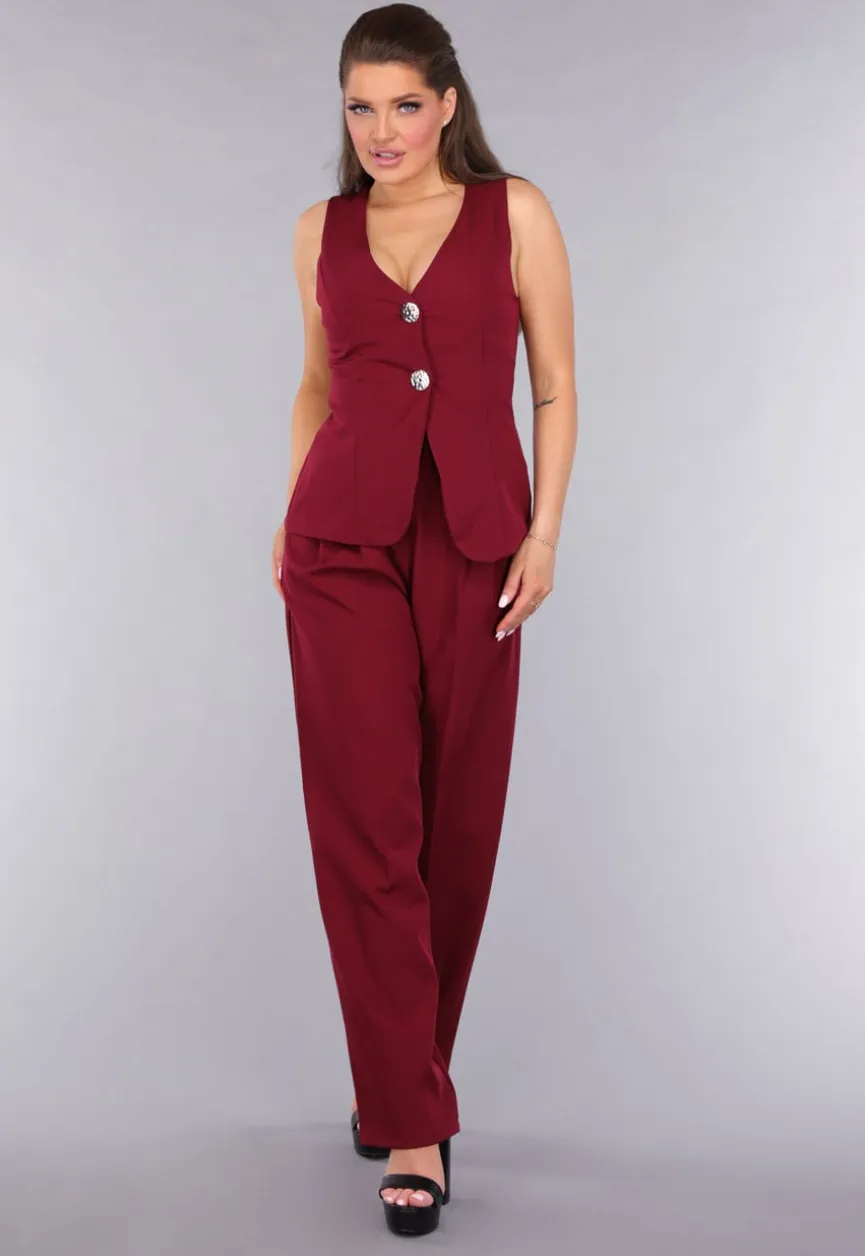 Burgundy Gilet Co Ord Set met Pantalon