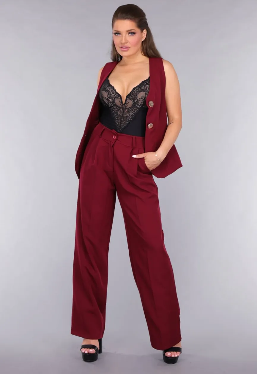 Burgundy Gilet Co Ord Set met Pantalon