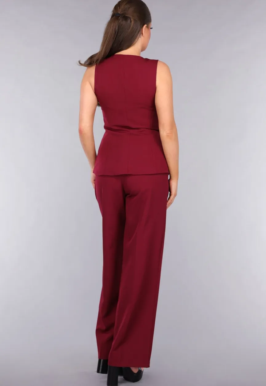 Burgundy Gilet Co Ord Set met Pantalon