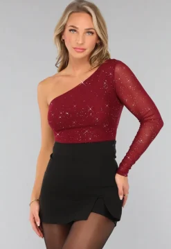 Burgundy One Shoulder Glitter Top