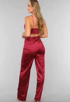 Burgundy Pantalon van Stretch Satijn in Model