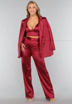 Burgundy Pantalon van Stretch Satijn in Model