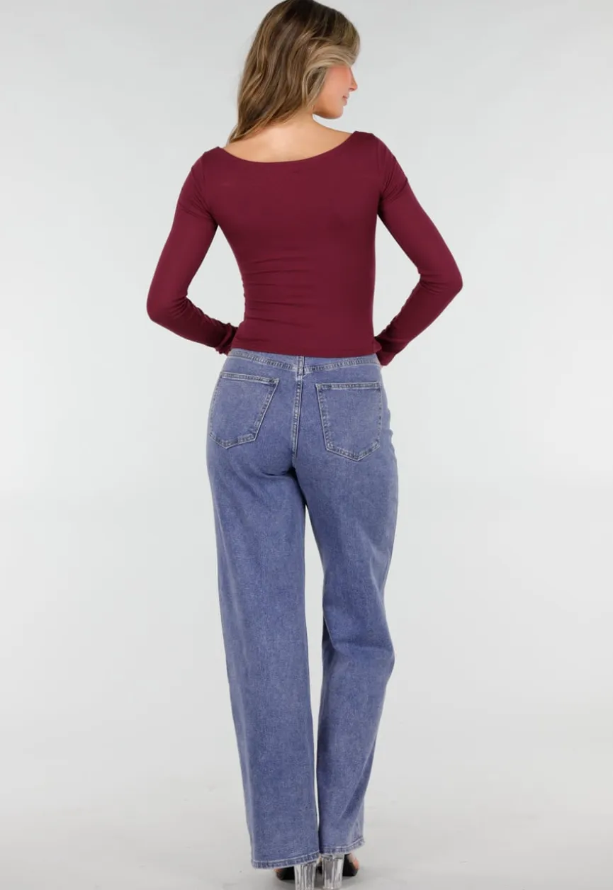 Burgundy Push-Up Longsleeve Top met Gerimpelde Bustier