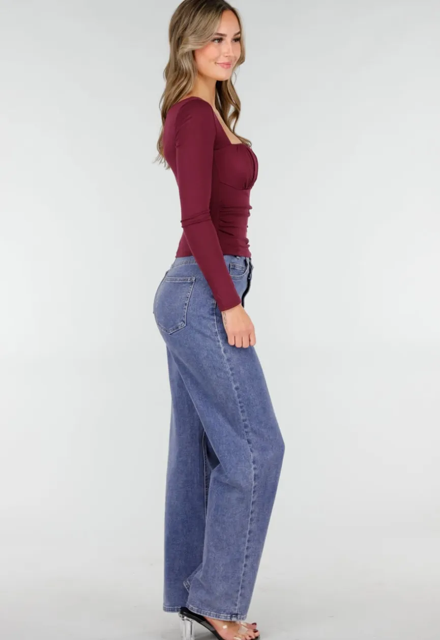 Burgundy Push-Up Longsleeve Top met Gerimpelde Bustier