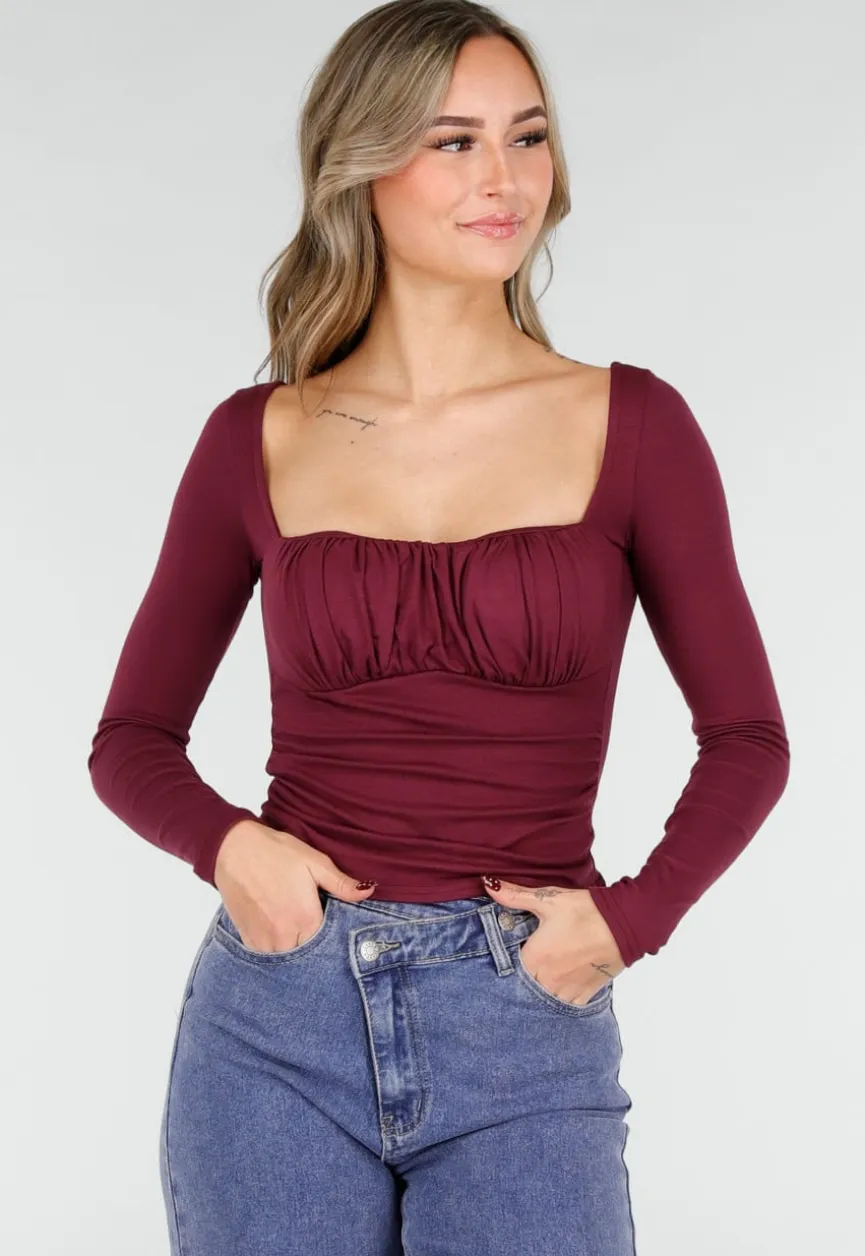 Burgundy Push-Up Longsleeve Top met Gerimpelde Bustier