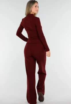 Burgundy Zachte Stretch Top met Col en Lange Mouwen