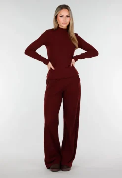 Burgundy Zachte Stretch Top met Col en Lange Mouwen