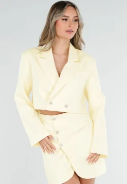 Butter Yellow Cropped Blazer met Gouden Strass Knopen