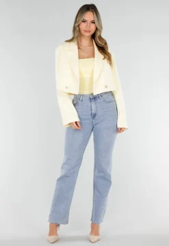 Butter Yellow Cropped Blazer met Gouden Strass Knopen