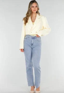 Butter Yellow Cropped Blazer met Gouden Strass Knopen