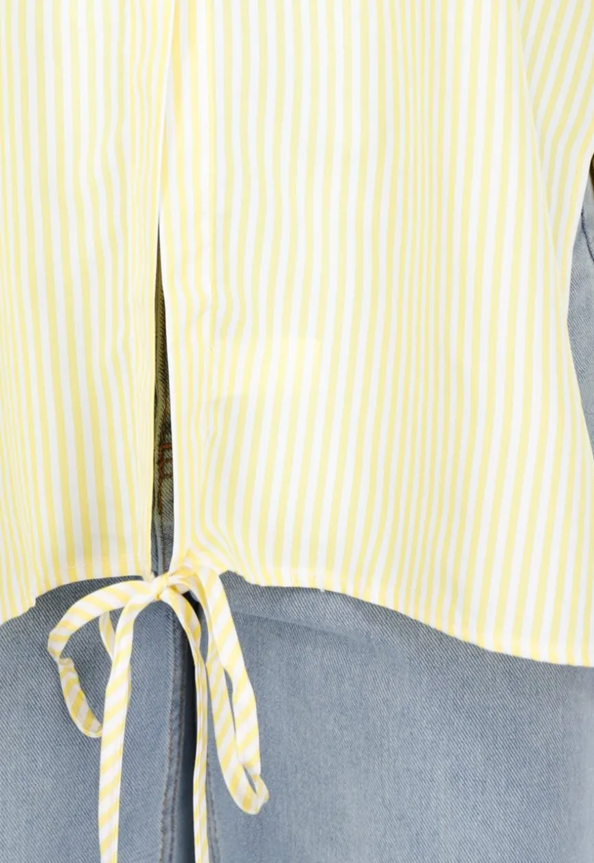 Butter Yellow Gestreepte Blouse met Lange Mouwen en Strikdetail