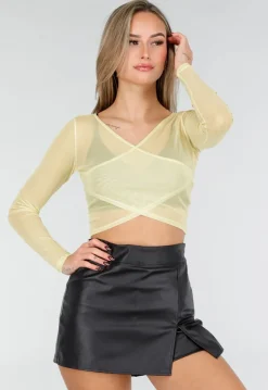 Butter Yellow Mesh Wrap Top met Stretch