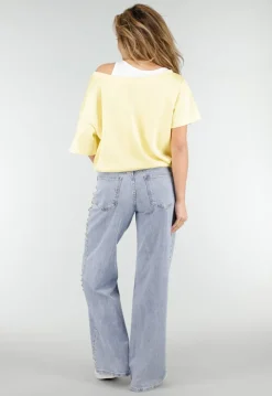 Butter Yellow One Shoulder Top met Ingewerkte Top en Stretch