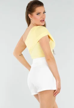 Butter Yellow One-Shoulder Top Met Plooien en Stretch