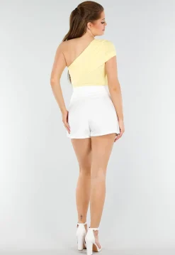 Butter Yellow One-Shoulder Top Met Plooien en Stretch