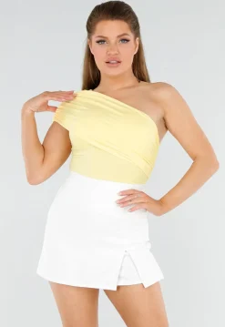 Butter Yellow One-Shoulder Top Met Plooien en Stretch