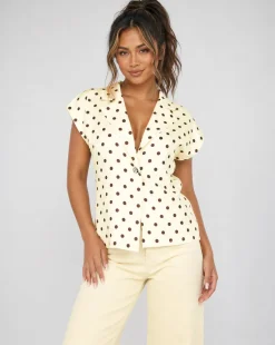Butter Yellow Polkadot Blazer Top met Schoudervulling