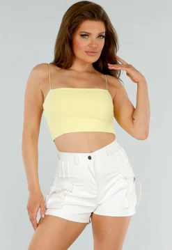Butter Yellow Stretch Croptop met Spaghettibandjes en Voering