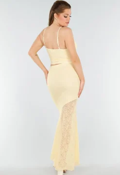 Butter Yellow Two-Piece Set met Kant en Asymmetrische Rok