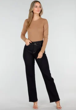Camelbruine Rib Body met Lange Mouwen en Stretch