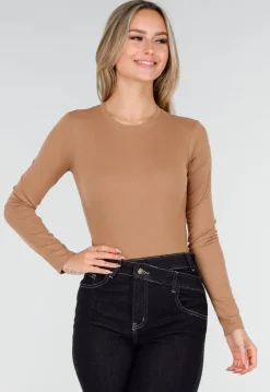 Camelbruine Rib Body met Lange Mouwen en Stretch
