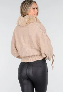 Camel Gebreide Cardigan met Faux Fur Kraag