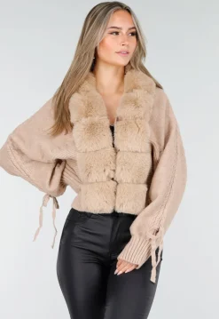Camel Gebreide Cardigan met Faux Fur Kraag