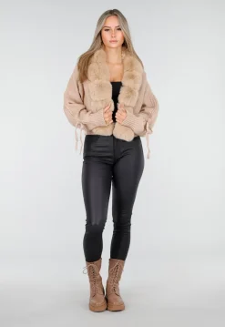 Camel Gebreide Cardigan met Faux Fur Kraag