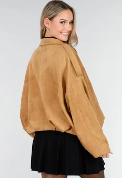 Camel Jas met Suède Look en Oversized Pasvorm