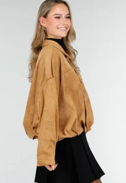 Camel Jas met Suède Look en Oversized Pasvorm