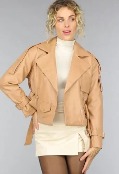 Camel Lederlook Jas met Gesp Details