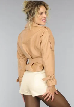 Camel Lederlook Jas met Gesp Details