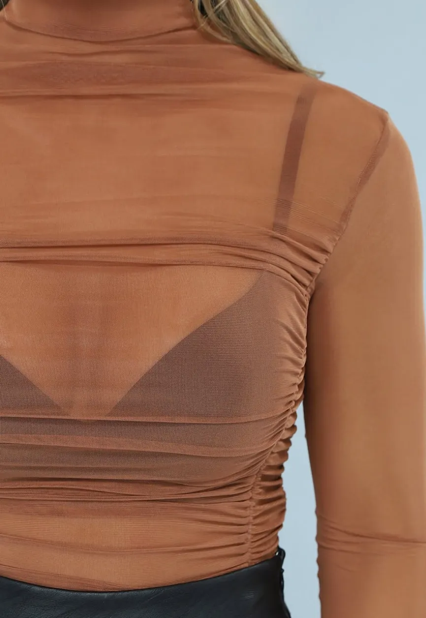 Camel Mesh Bodysuit met Plooitjes